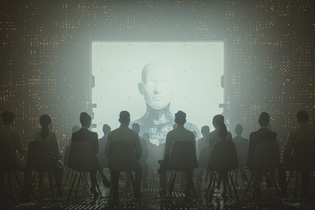 Illustration with people sitting in front of projected image of AI bot on screen.